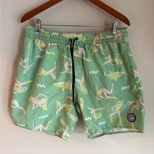 Volcom Embrace the Strange Mens Swim Trunks Mint Green Shark‎ Graphic Shorts L